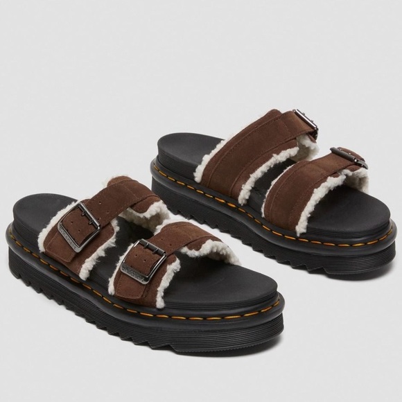 Dr. Martens Shoes - Dr. Martens Myles Suede Fur-Lined Buckle Slide Sandals Dark Brown Women’s Size 8